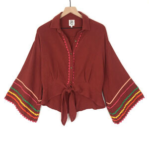 IVY JANE Tie Top Sz XS‎ Maroon Red Ric Rac Bell Sleeve Button Up Crinkle Cotton
